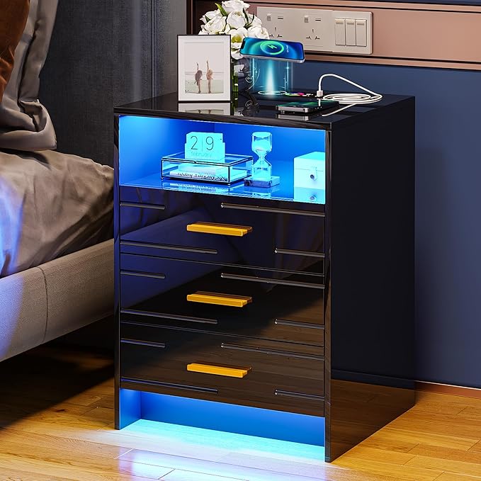 RGB LED Nightstand with Wireless Charging Station, Smart Night Stand with Motion