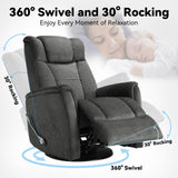 Susalt 360° Swivel Rocking Recliner, Manual Comfy Nursery Glider Rocker Chair for Indoor Bedroom, Upholstered Soft Fabric Living Room Reclining Chair with Lumbar Support for Adults (Dark Gray)