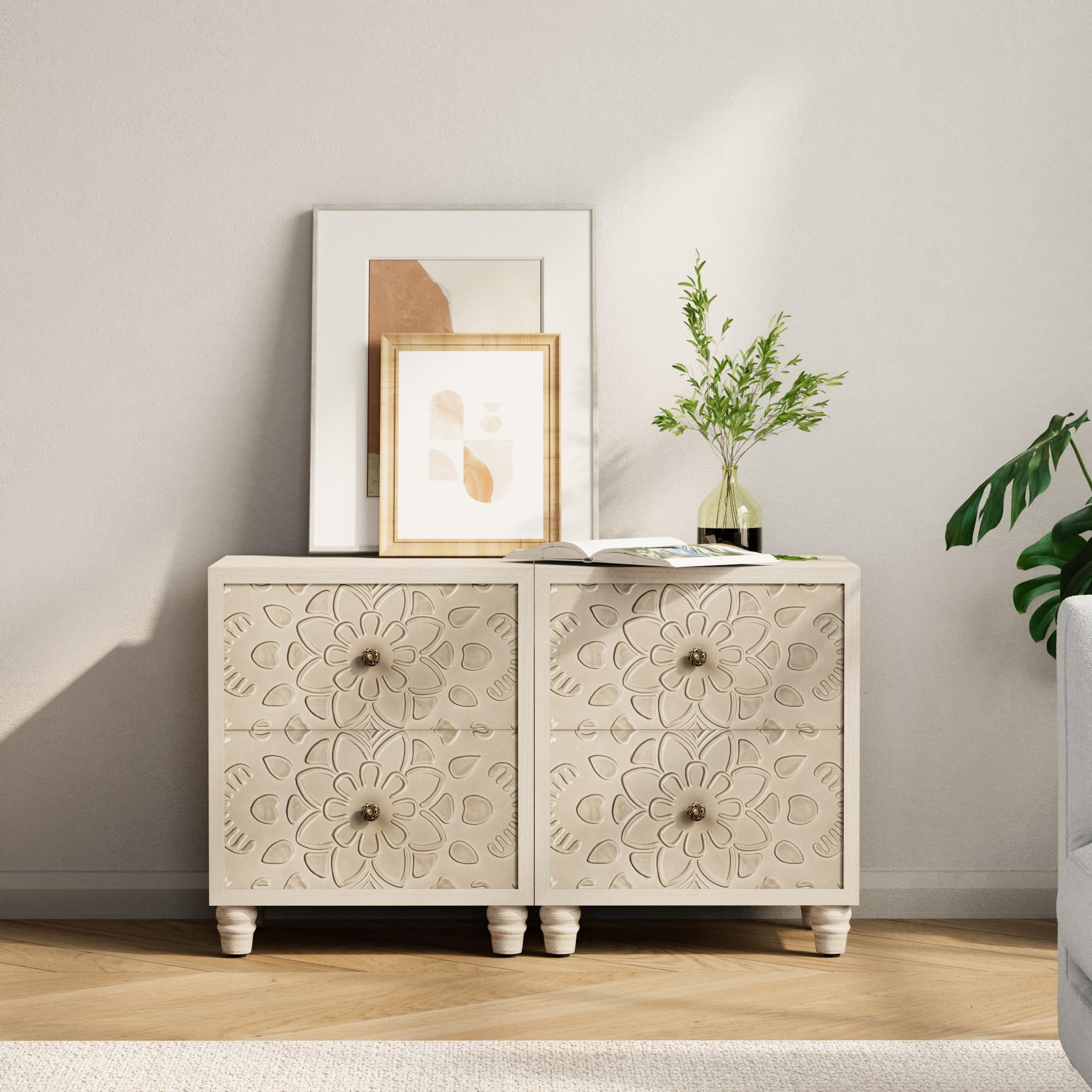 Nightstand Set of 2, End Table with 2 Drawers, Vintage Night Stand MDF Accent Table