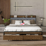 Queen Size Metal Platform Bed Frame with 2 Storage Drawers & LED Light, Velvet Button