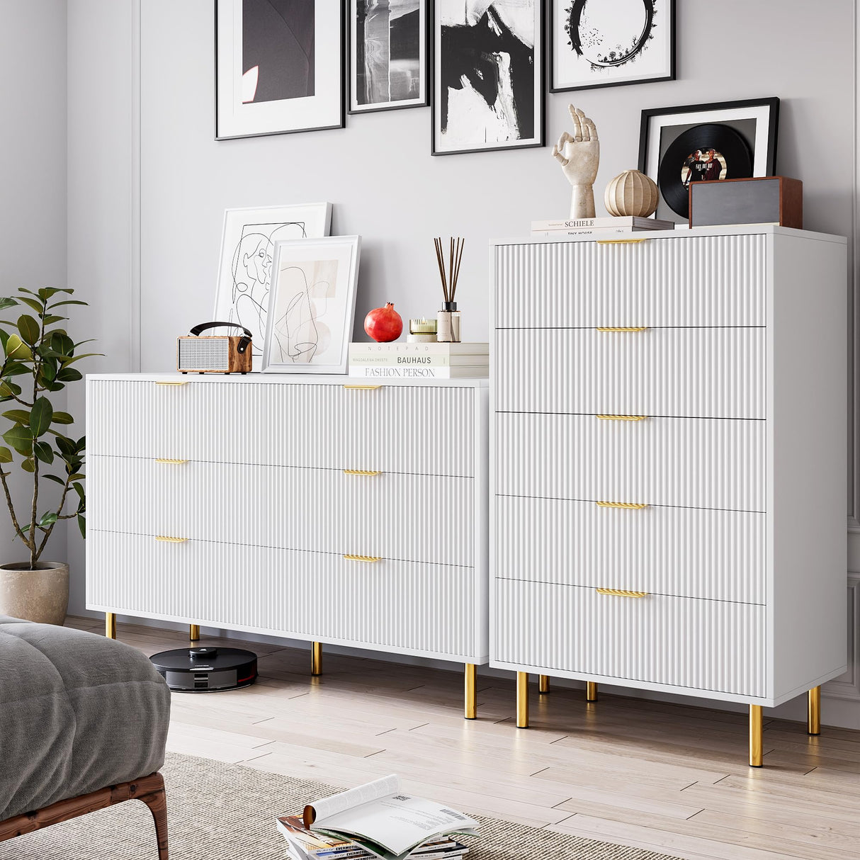 White 6 Drawer Dresser for Bedroom, 56” Wide Wood Dresser Organizer with Metal Legs, Modern Chest of Drawers for Bedroom, Hallway, Home Office