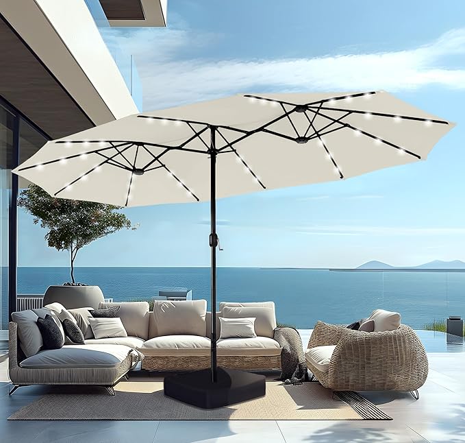 15ft Large Patio Umbrella with Base & Solar Lights, Double-Sided Outdoor Rectangle Umbrellas