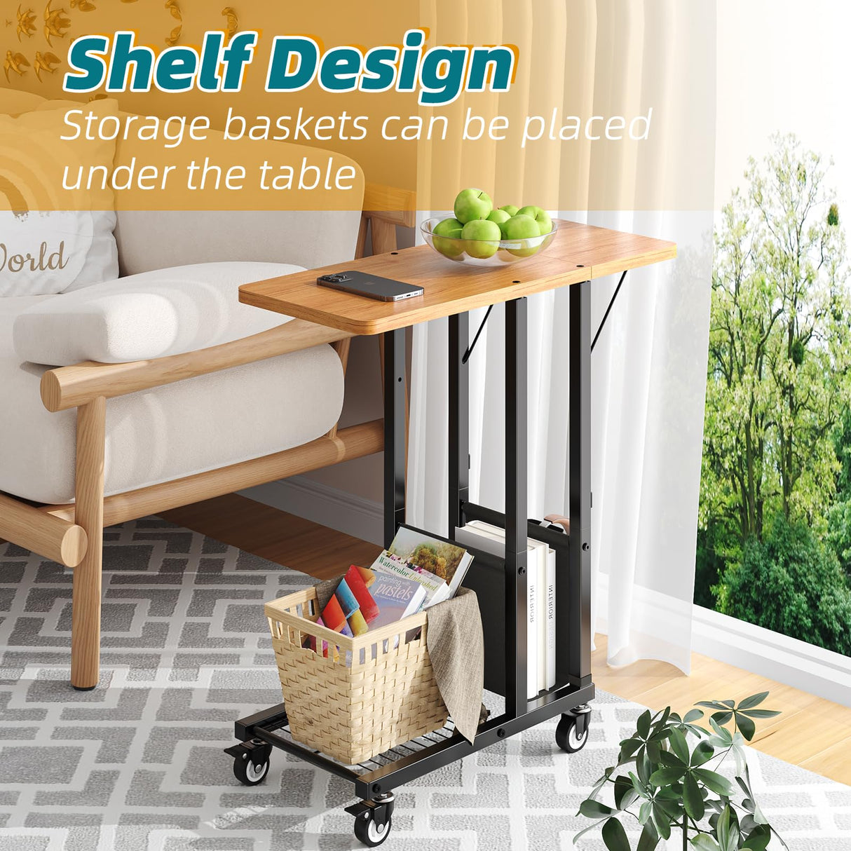 Side Table, C-Shape Folding Table with Wheels, Laptop Tray Table