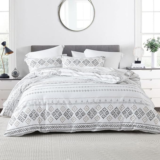 Boho Duvet Cover King Size - 100% Cotton Soft Boho Aztec White Navy Blue Beige Duvet Cover