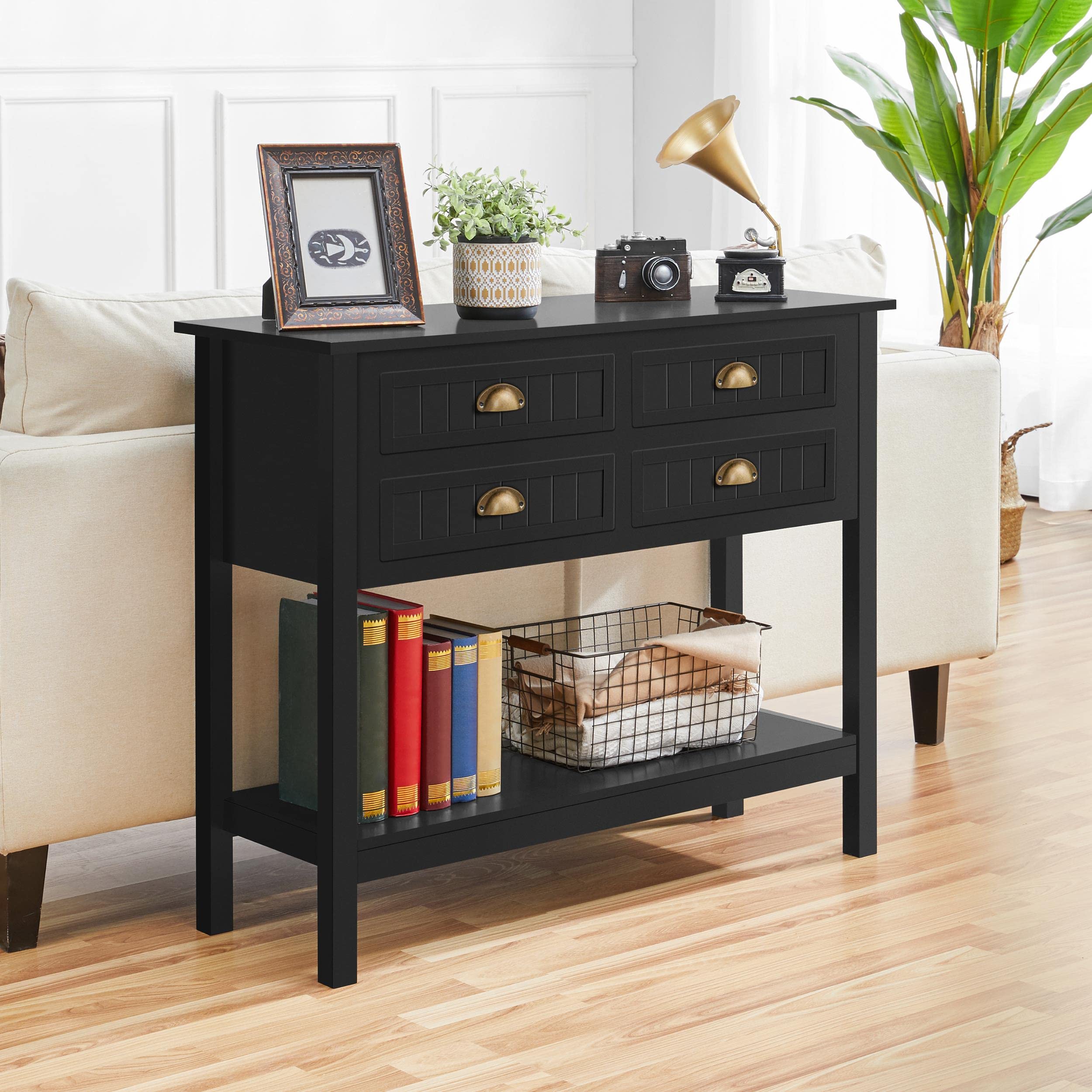 Console Table with 4 Drawers, Sofa Side Table with Bottom Open Storage Shelf,