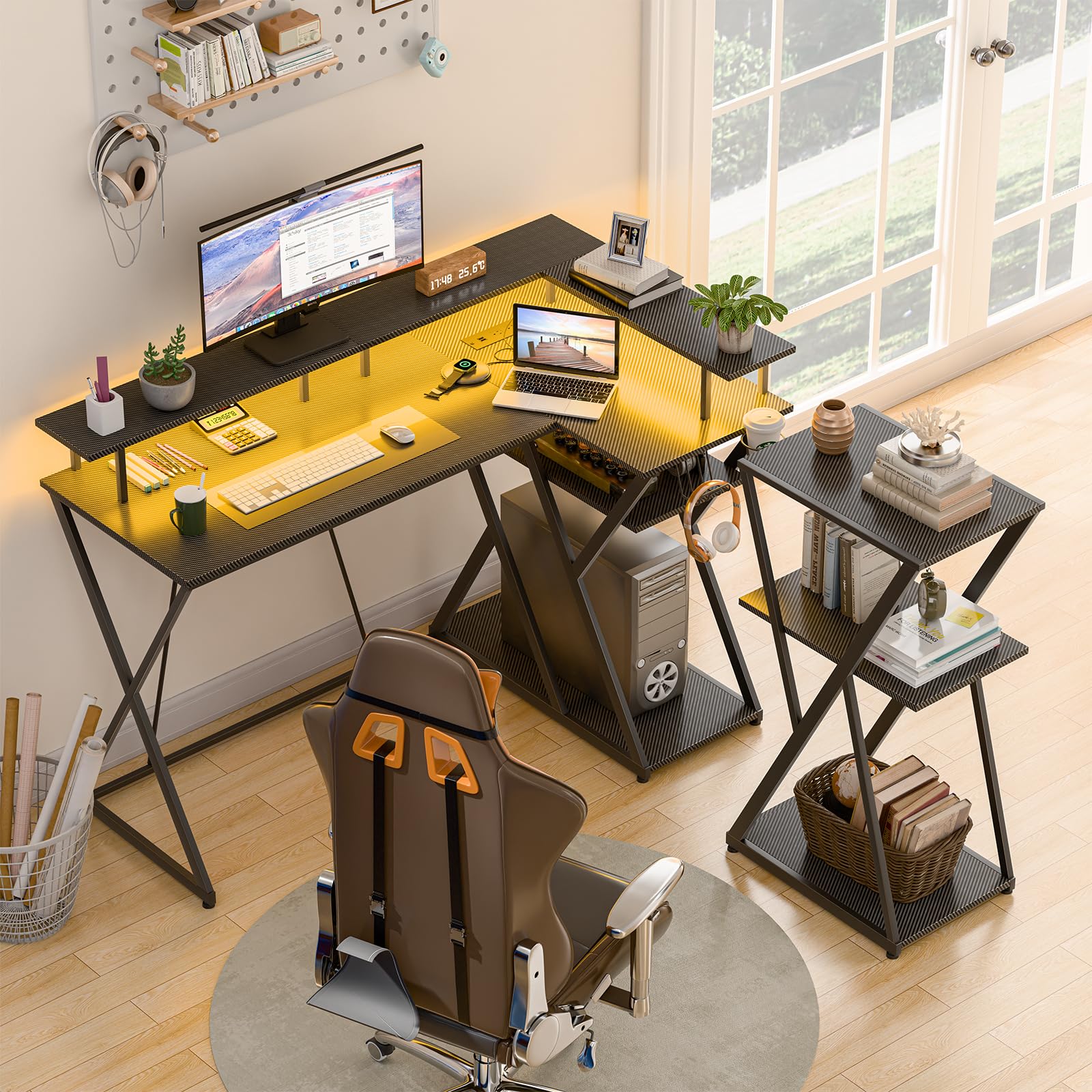 47 inch Gaming Desk with LED Lights & Power Outlets, Corner Computer Desk