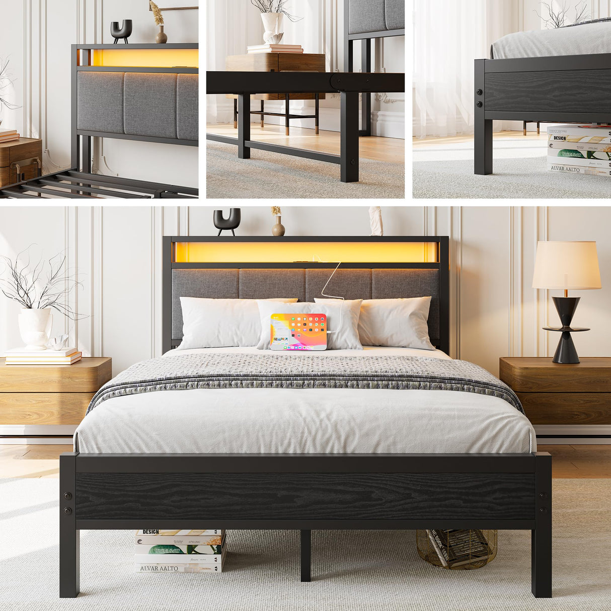 with LED Lights and Charging Station, Heavy Duty Metal Bed with Storage Fabric Headboard