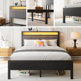 with LED Lights and Charging Station, Heavy Duty Metal Bed with Storage Fabric Headboard