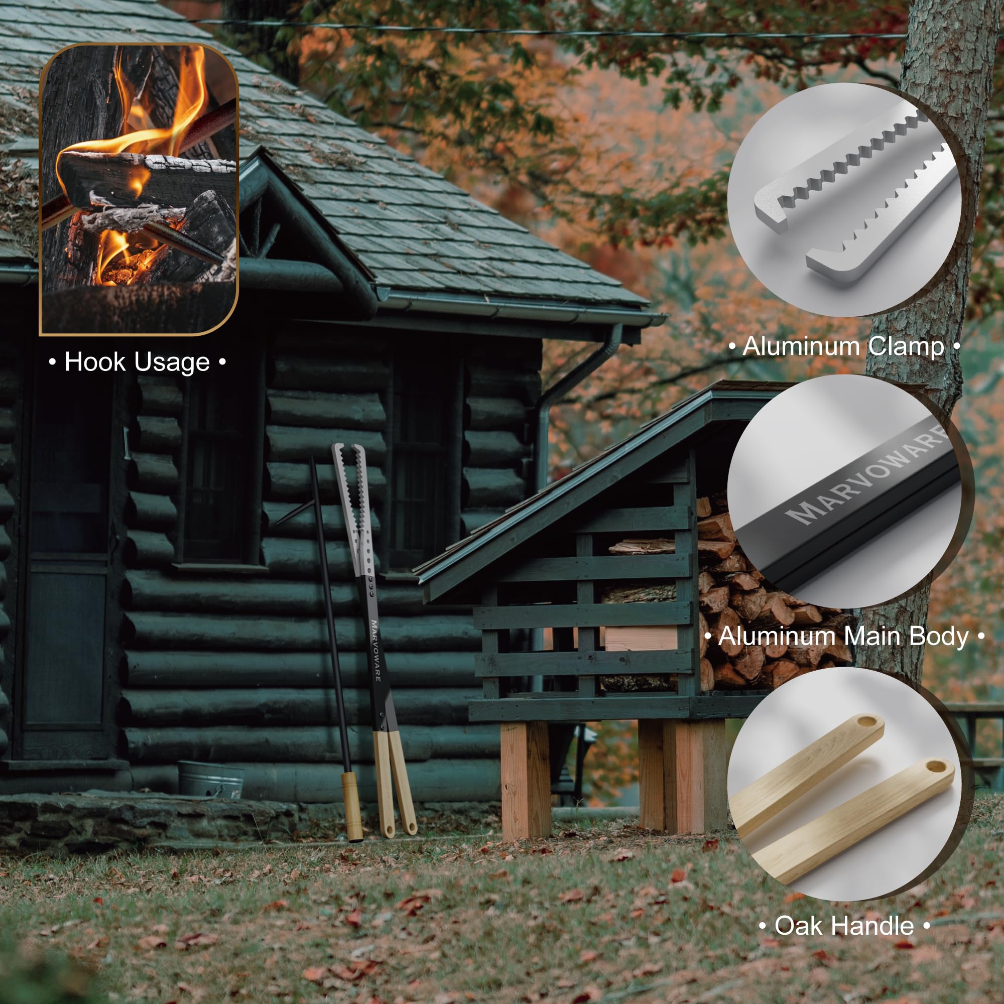 Heavy Duty Fire Tong and Fire Poker Set with Wood Insulation Handle Fireplace