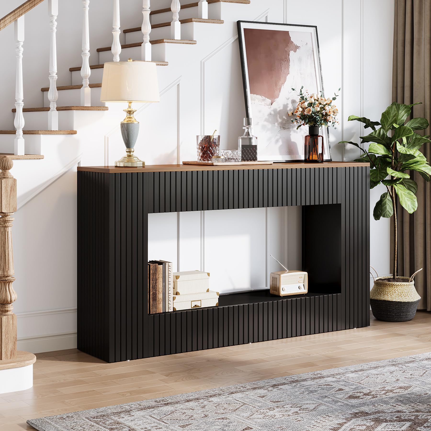 55" Modern Console Table with 2-Tier Storage - Black