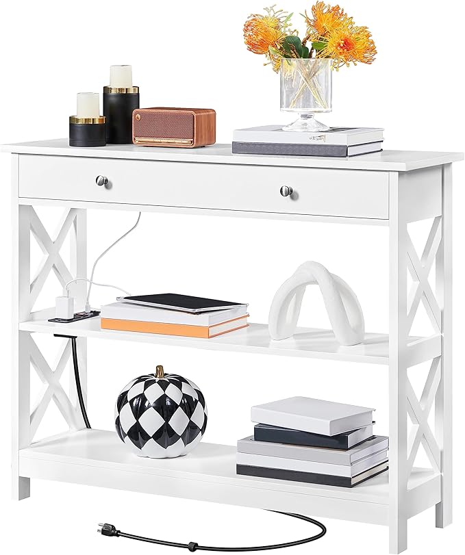 Console Table with Drawer, 3-Tier Entryway Table with Storage Shelves,