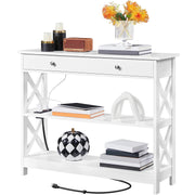 Entryway Table with Drawer, Wood Console Table with Outlets and USB Ports,