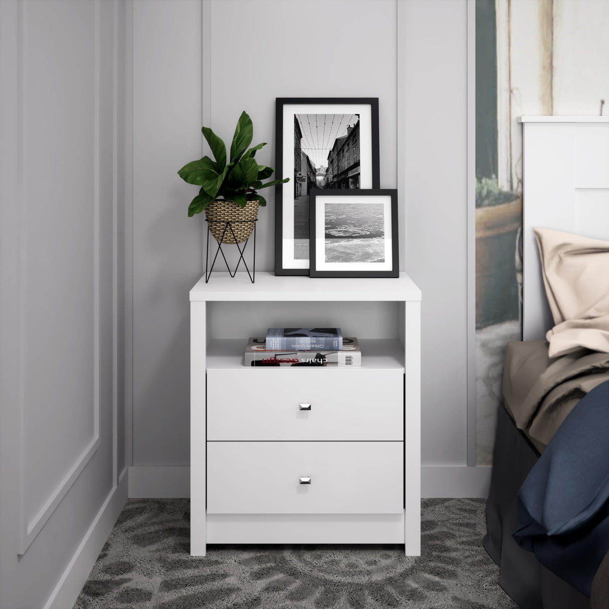 Calla Contemporary Tall Nightstand Side Table with 2 Drawers, Functional 2-Drawer Bedside Table 15.25" D x 25" W x 28" H, White, WDNH-0529-1