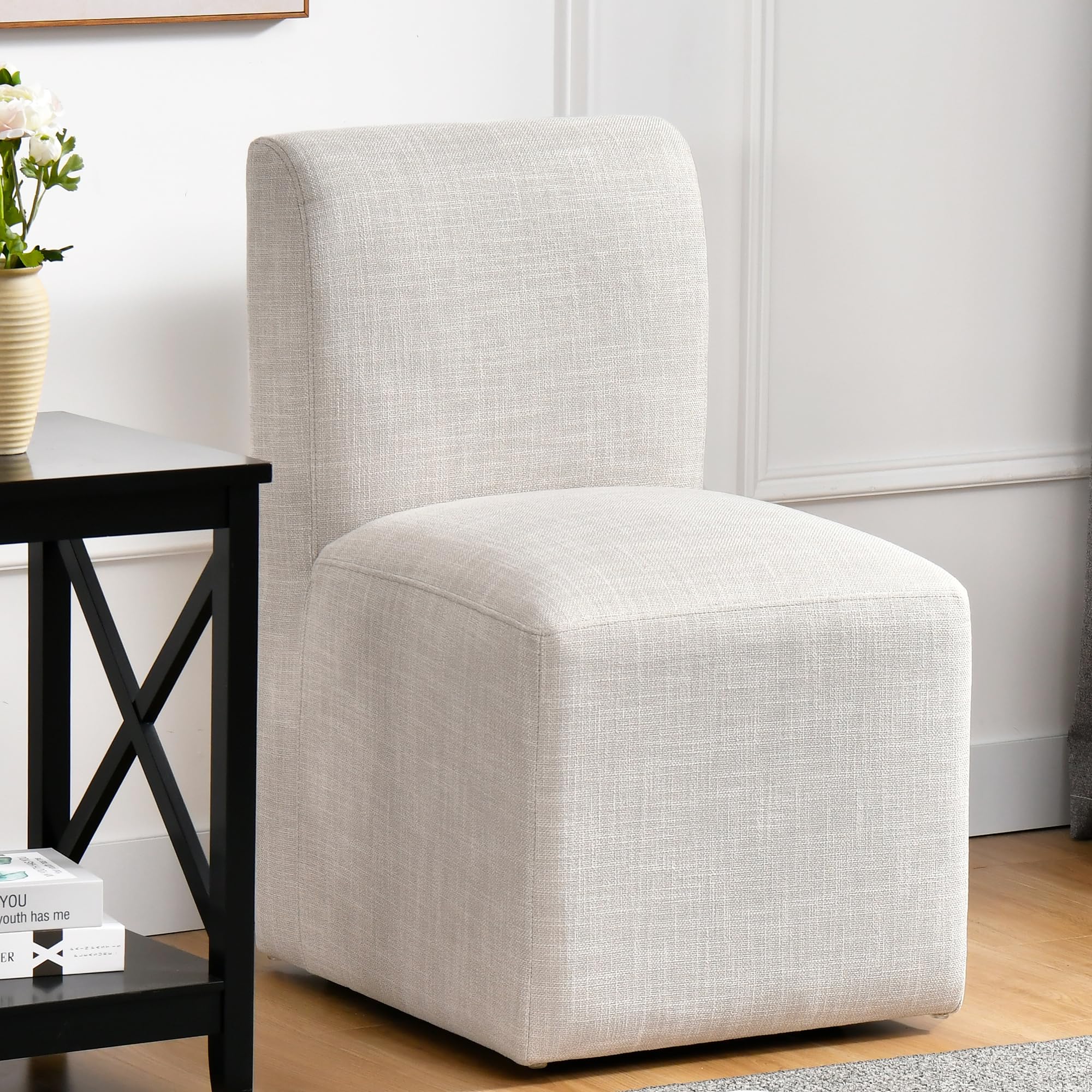 DUHOME Upholstered Dining Chair with Casters,Armless Modern Rolling Linen Dining Chairs with Wheels for Dining Room Bedroom Reading Room Living Room