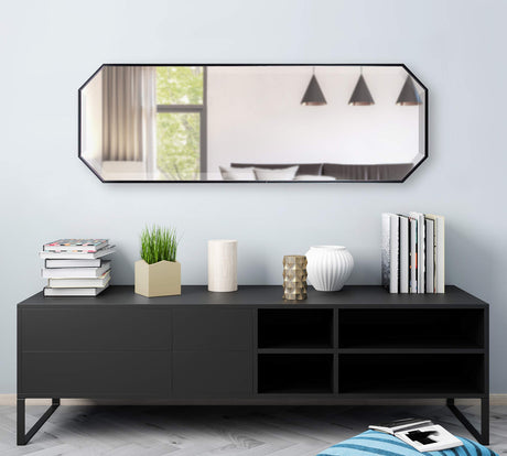 Modern Full Length Octagon Wall Mirror, 16 x 48, Black, Decorative Glam Geometric Wall Accent