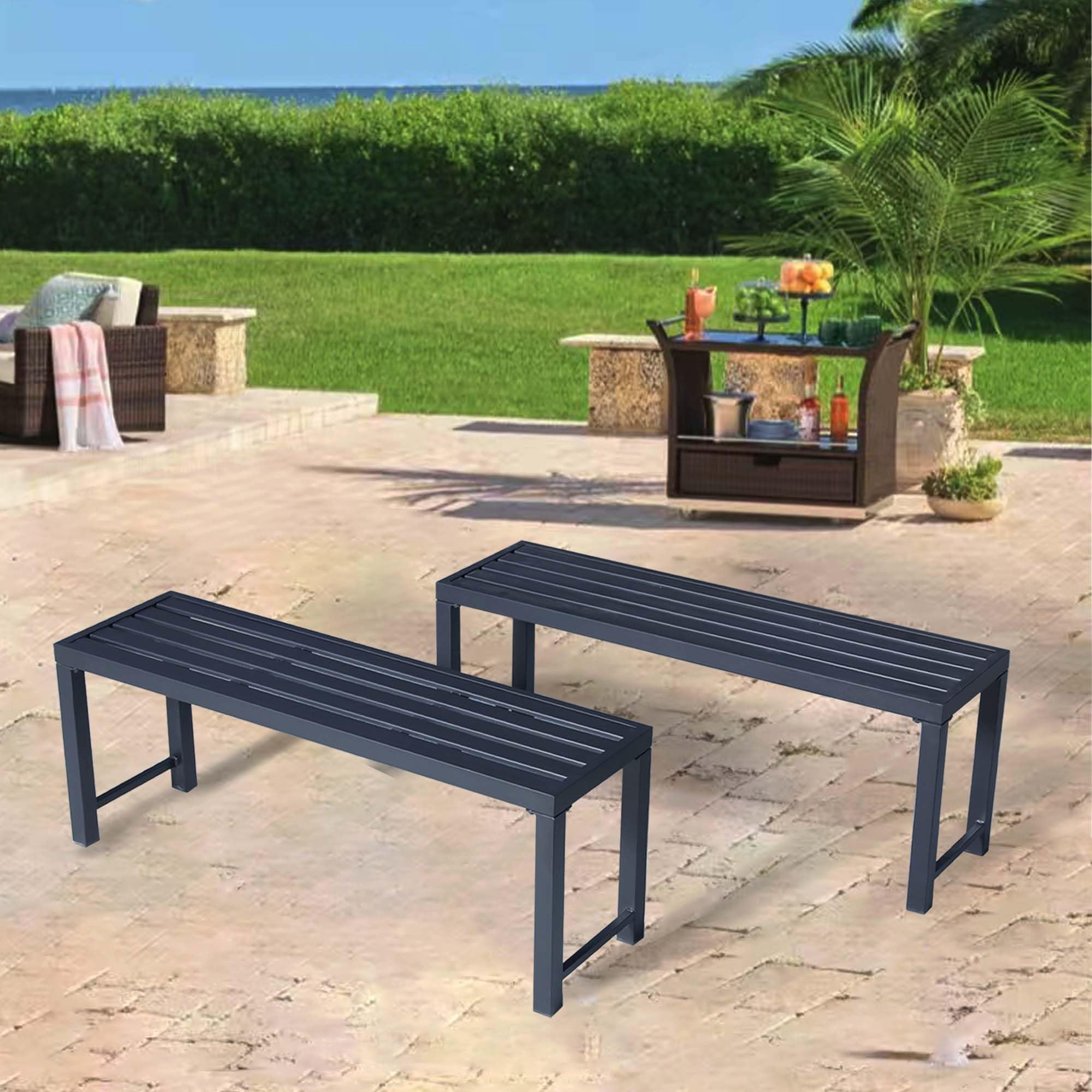 Black Outdoor Bench, Outdoor Metal Backless Bench Set of 2