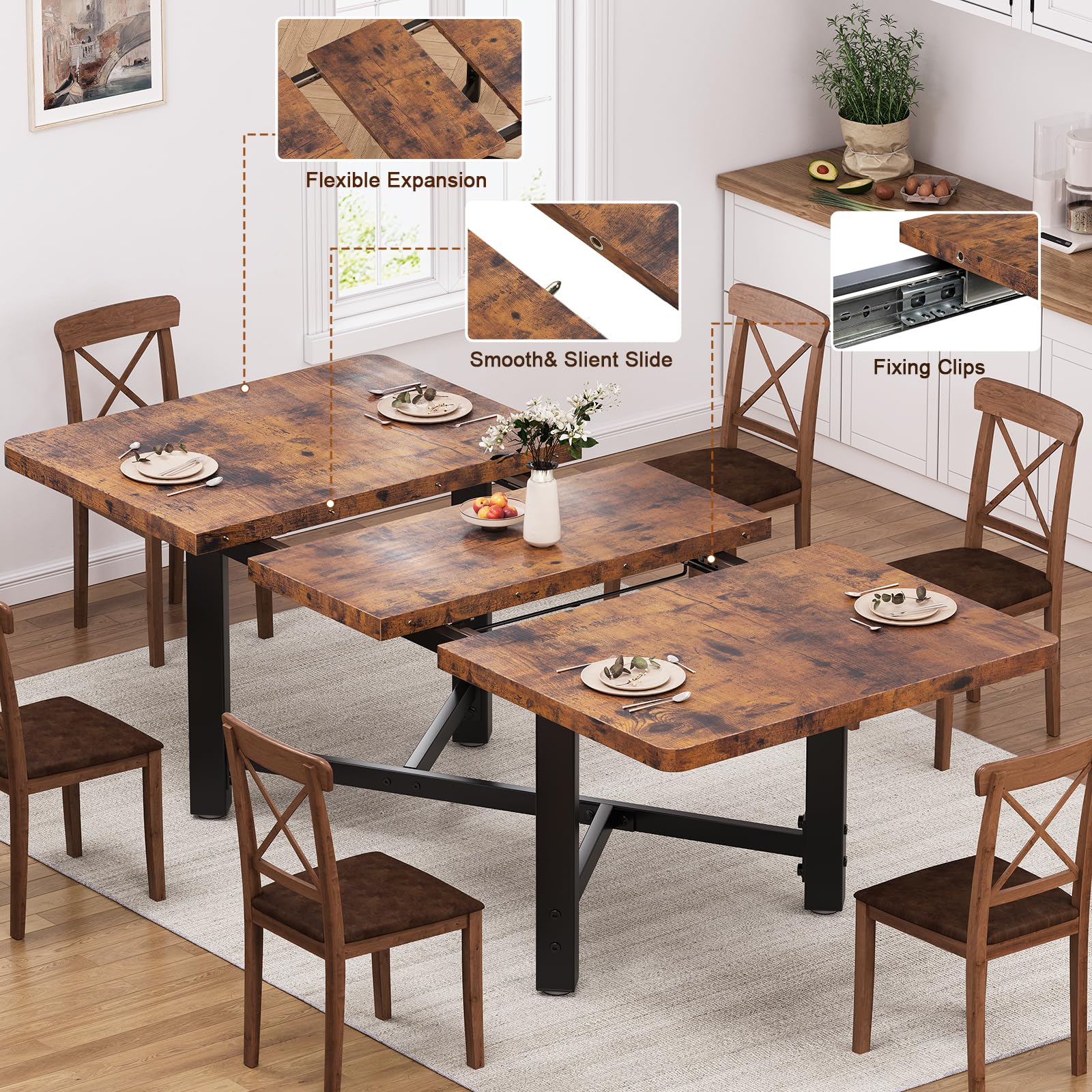 62" Extendable Dining Table for 4-6 People | Rustic Brown