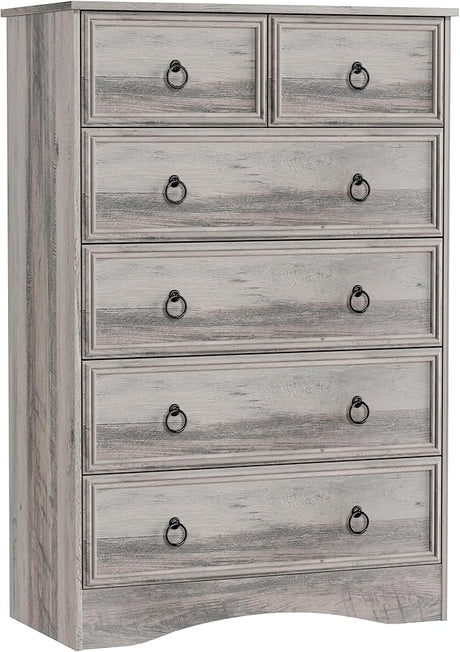 Grey 6 Drawers Dresser, Light Rustic Oak Dresser, Tall Wood Chest of Drawers, Storage Organizer for Clothes, Grey Vintage, for Living Room, Bedroom, Hallway