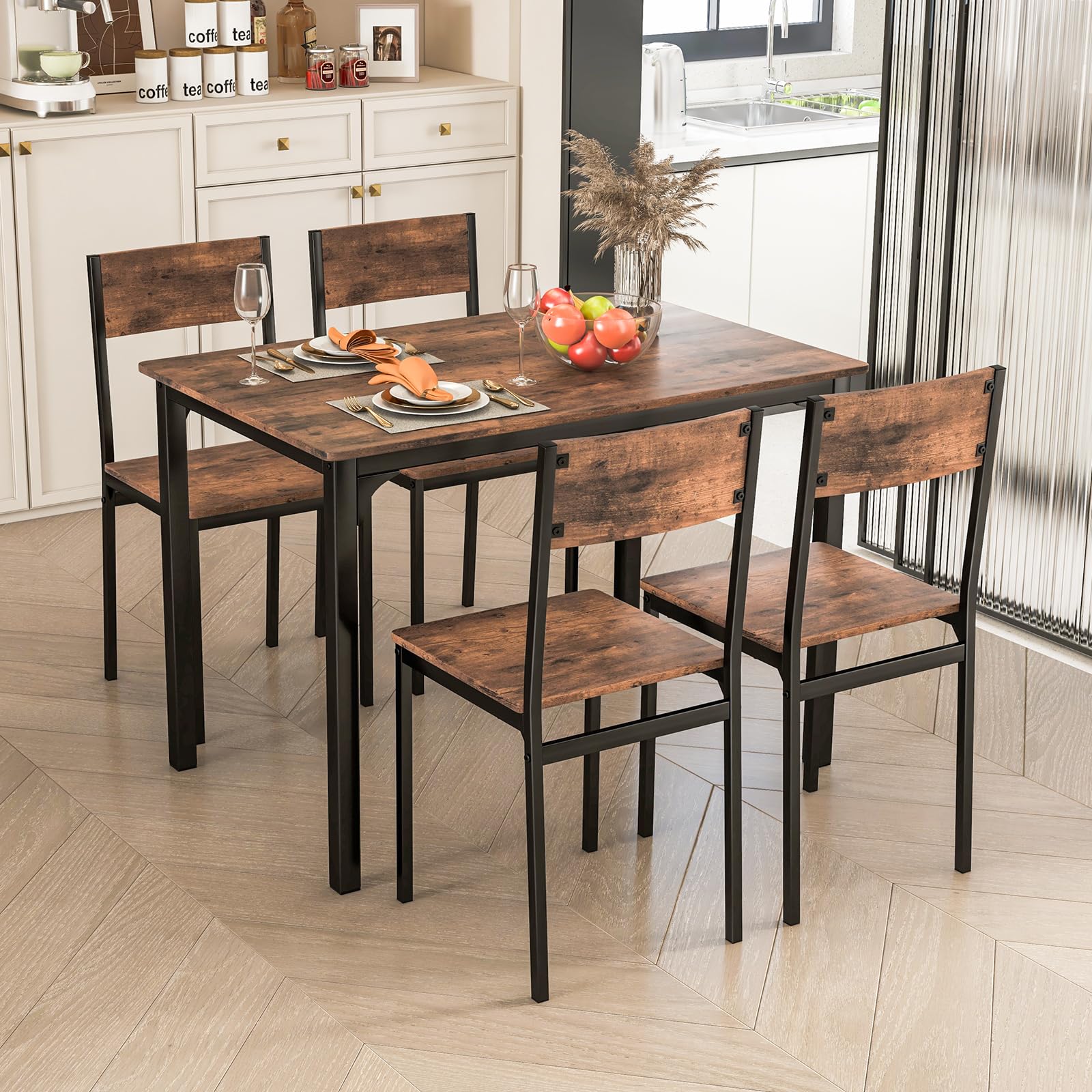 5-Piece Industrial Dining Set - Rustic Brown