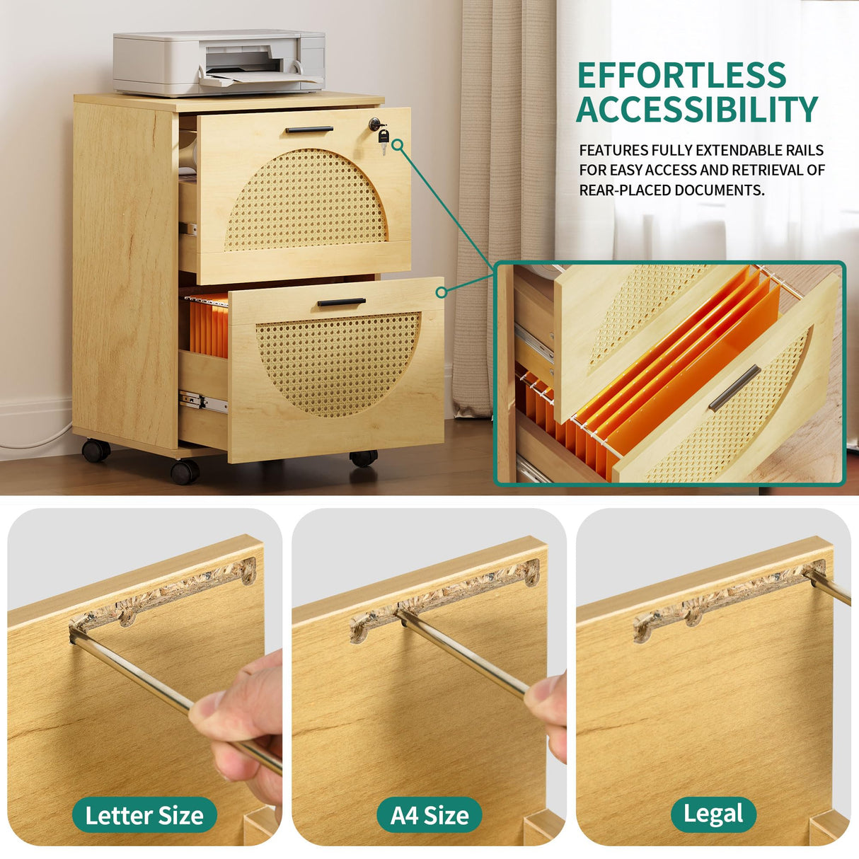 2 Drawer File Cabinet with Charging Station, Rattan Filing Cabinet with Lock
