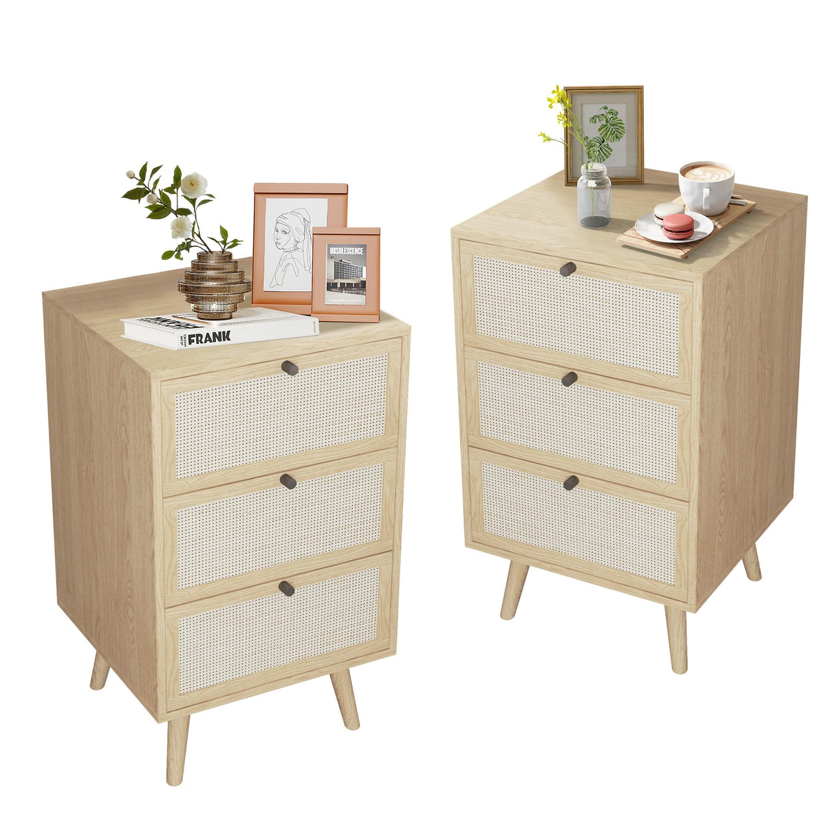 PHOYAL Rattan Nightstand Set of 2, End Table Rattan Bedside Table with Storage 3-Drawer Side Table