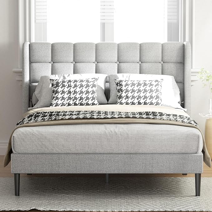 Queen Bed Frame with Headboard and Upholstered Wingback, Modern Platform Bed