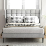 Queen Bed Frame with Headboard and Upholstered Wingback, Modern Platform Bed