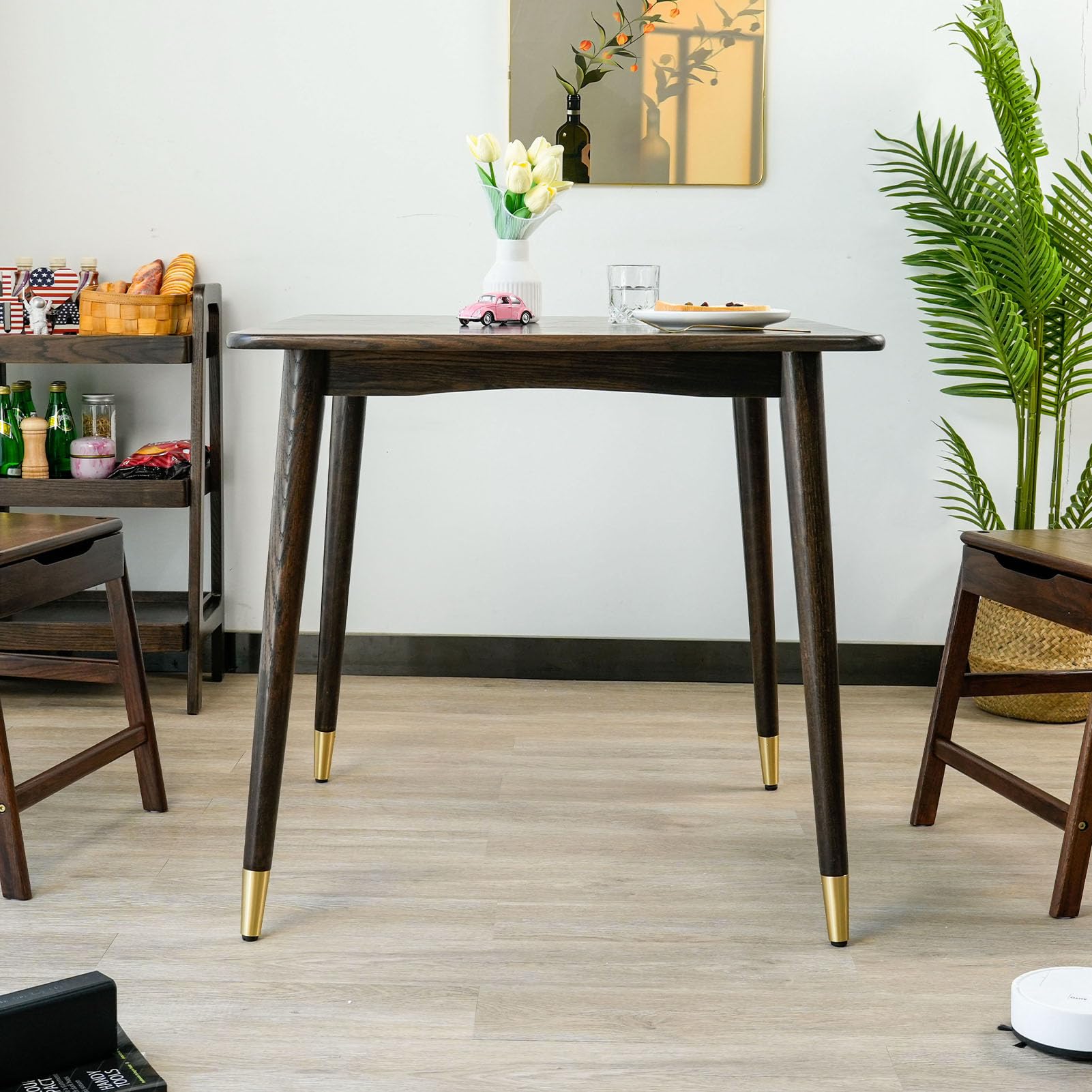 Dining Table 31.5“, Square Small Solid Wood Kitchen Table with Copper Decor for 2, Mid Century