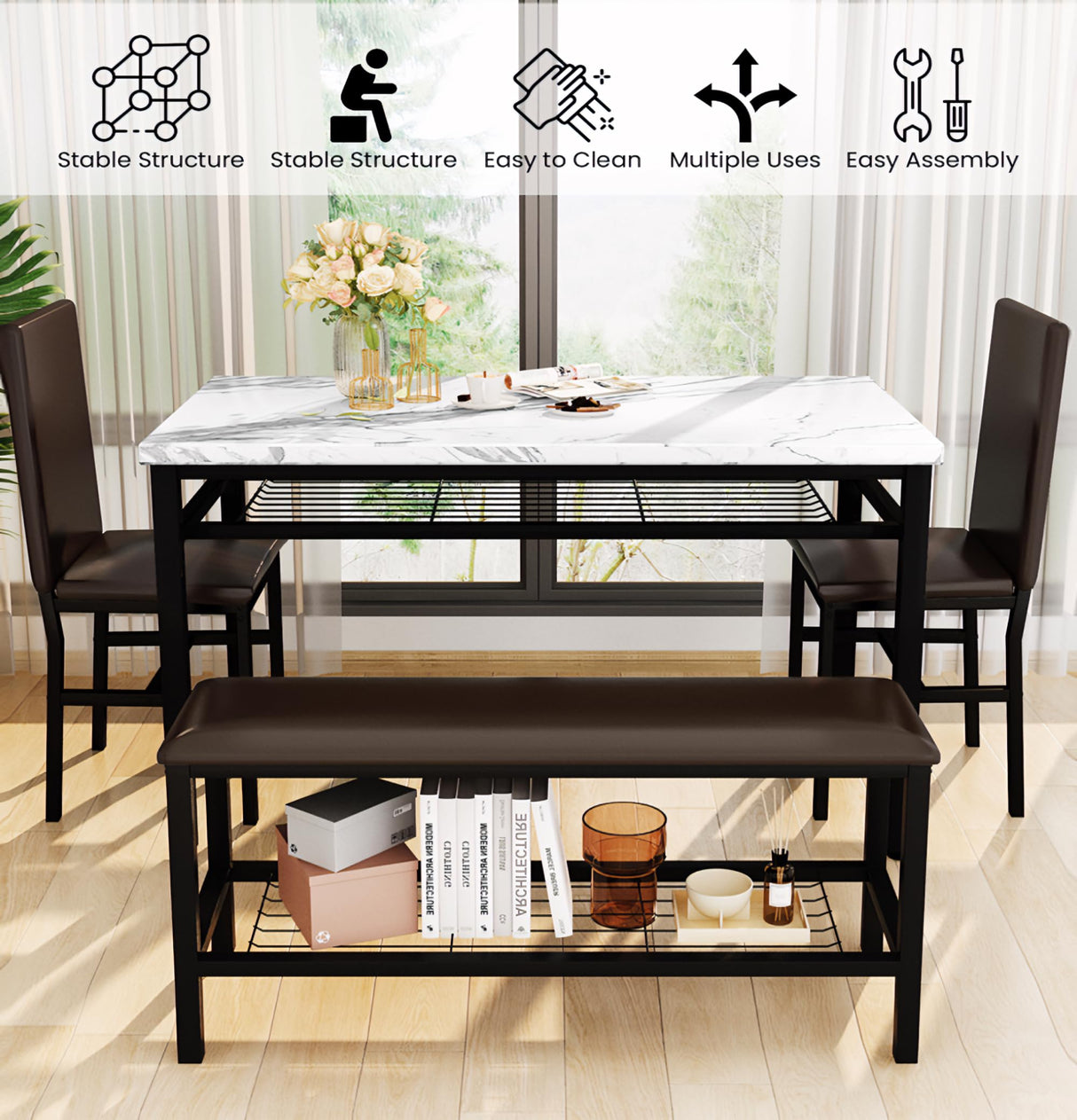 Dining Table Set for 4 with Bench and Chairs,Faux Mable Small Kitchen Table