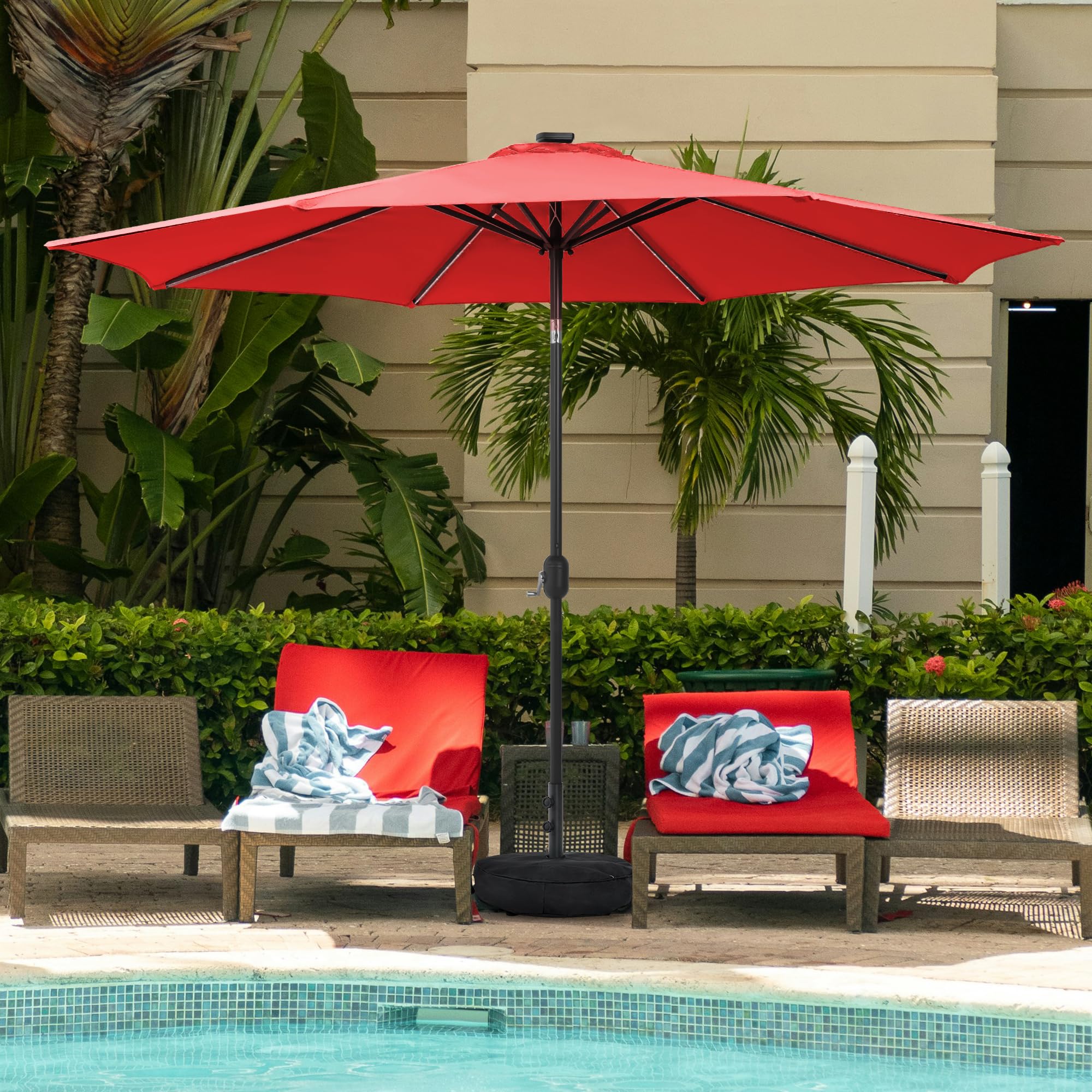 Olefin 5-Year-Non-Fading Solar 80 LED 9 FT Solar Patio Umbrella with Sand Bag Base