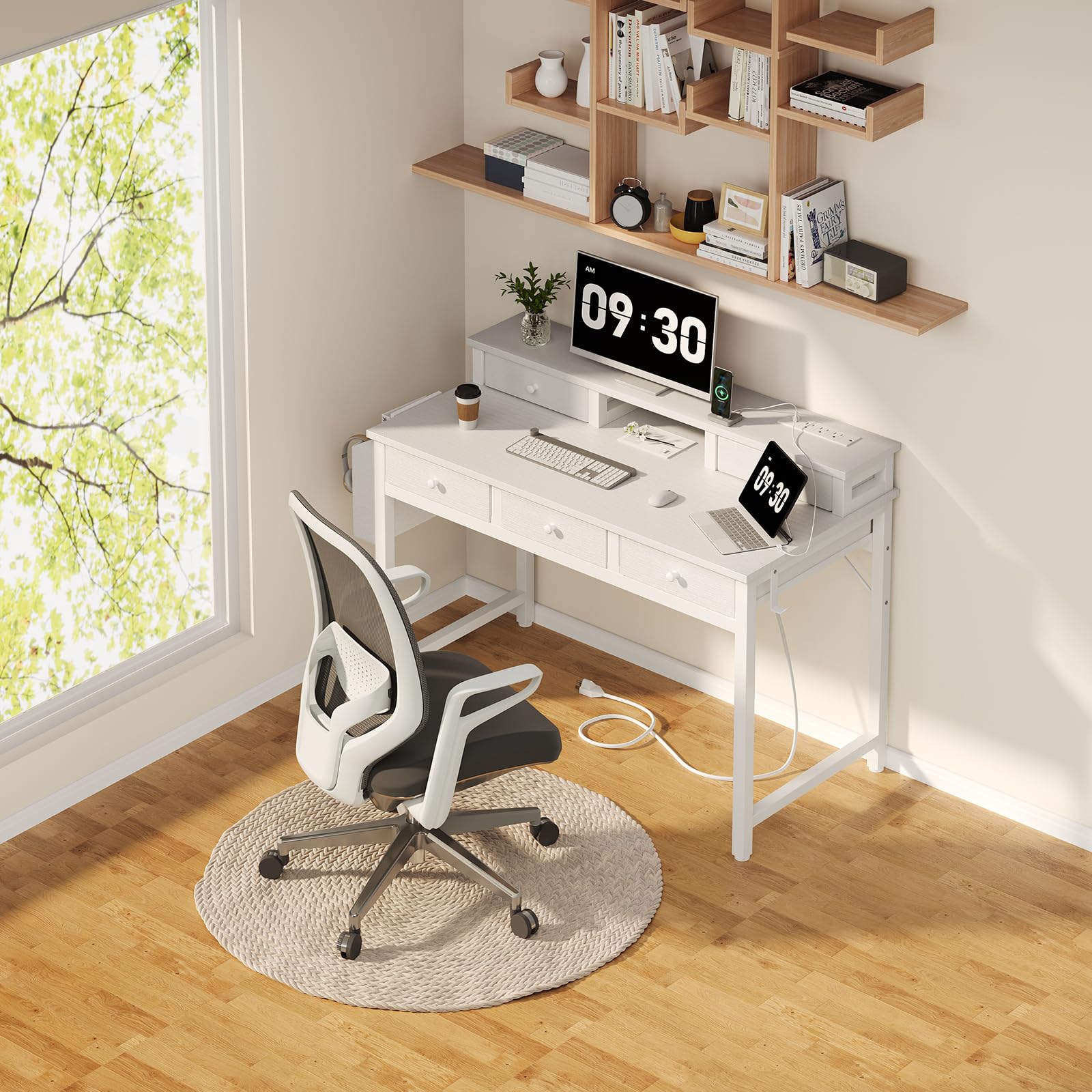 White Computer Desk with Fabric Drawers for Home Office, 40 inch Vanity Makeup Desk