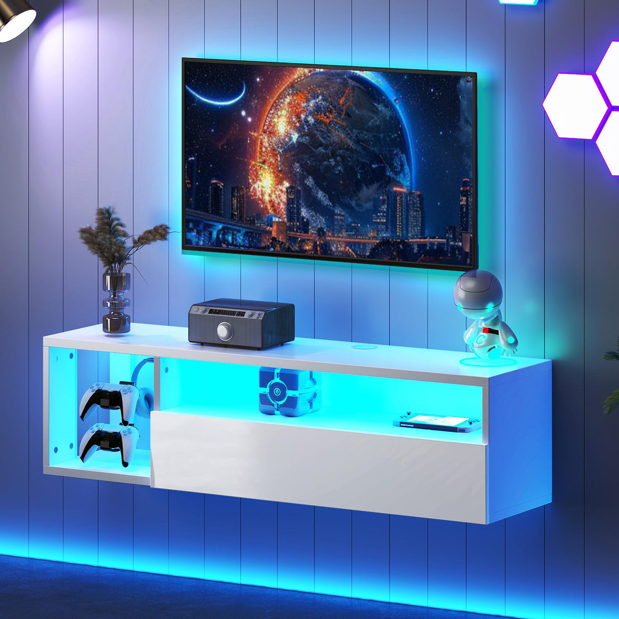 Floating TV Stand with LED Light, 39.3’’ Wall-Mounted Media Console