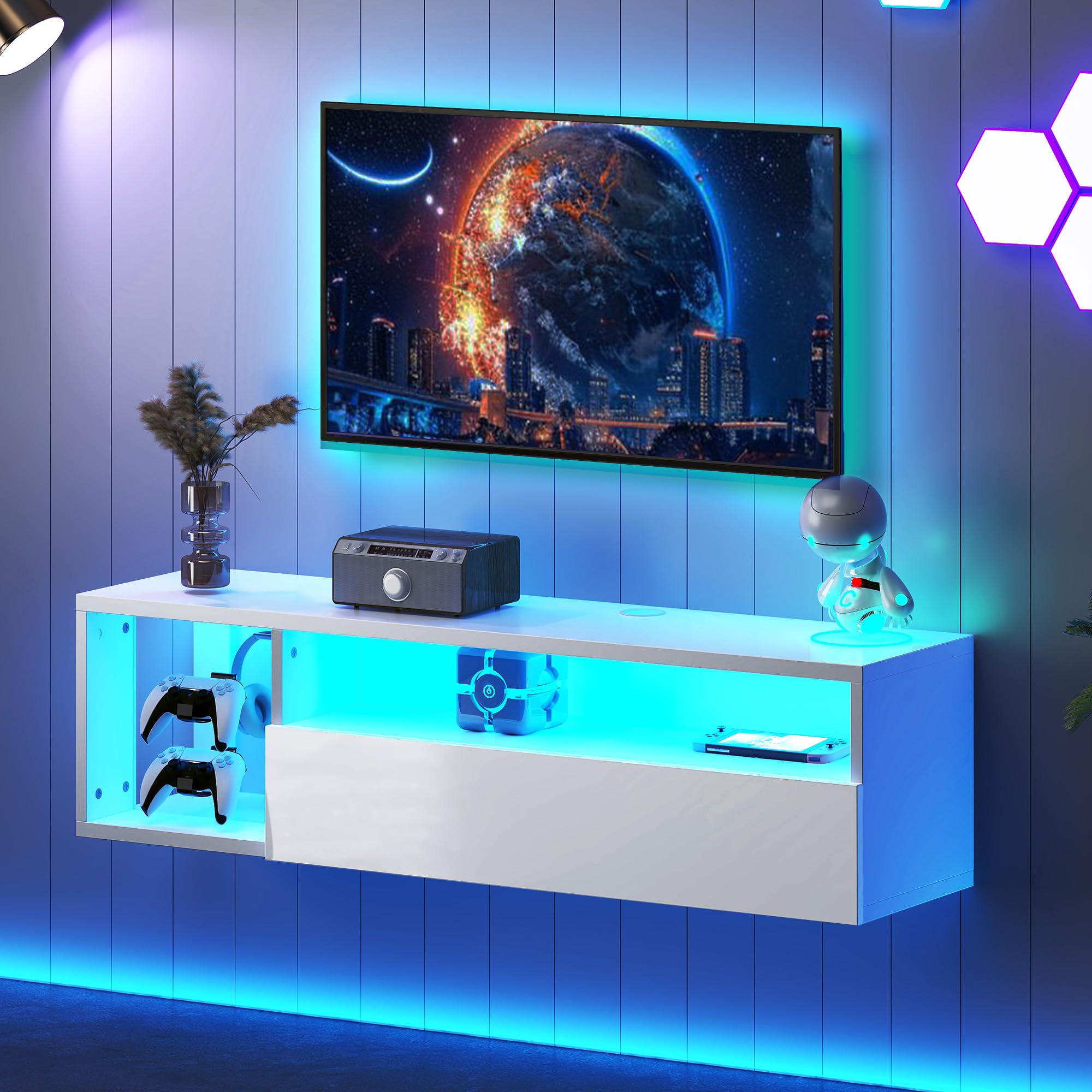 Floating TV Stand with LED Light, 39.3’’ Wall-Mounted Media Console