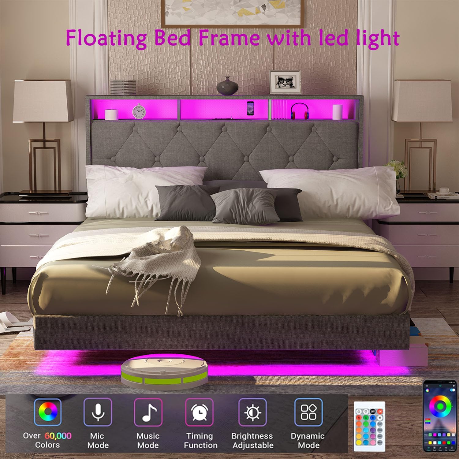 King Floating Bed Frame with LED Lights & USB Charging
