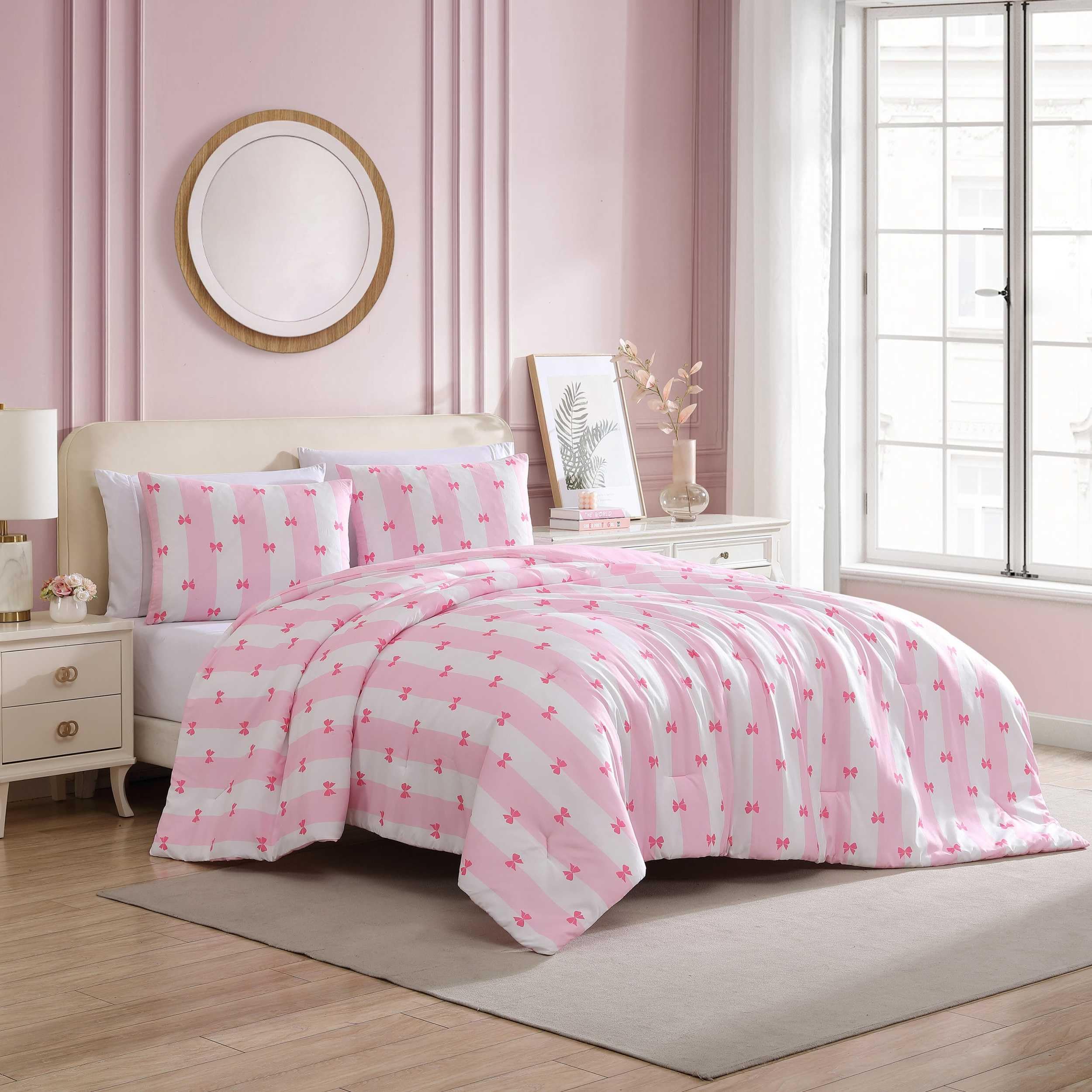 Twin Comforter Set with Matching Sham & Reversible Plush Throw - Bow Stripe Pink