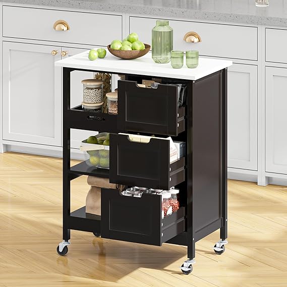 Small Solid Wood Top Kitchen Island Cart on Wheels with Storage