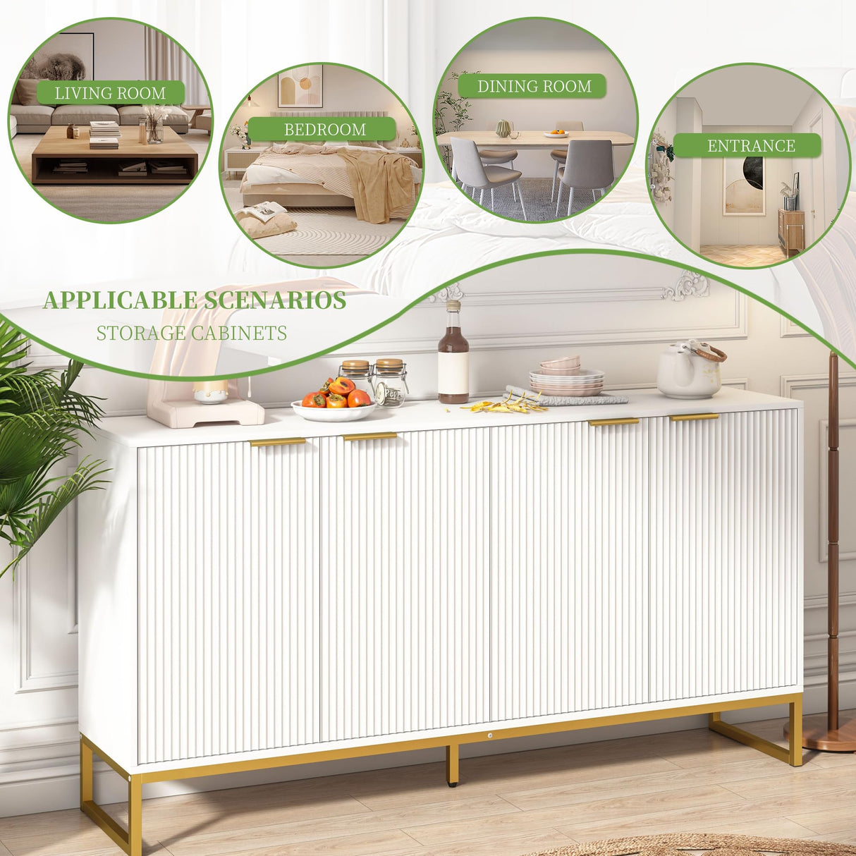 Fluted Accent Cabinet, Kitchen Sideboard Buffet Cabinet with 4 Fluted Doors