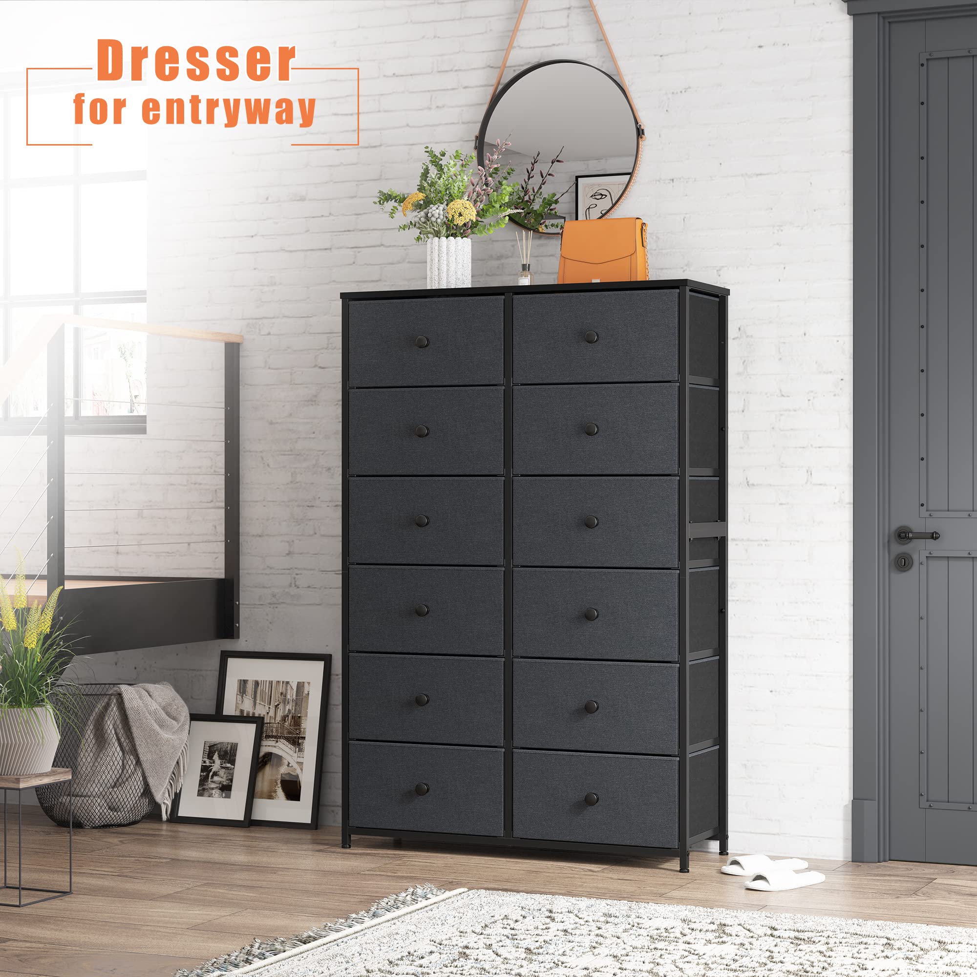 Dresser for Bedroom Tall Dresser with 12 Drawers Wooden Top and Metal Frame Black