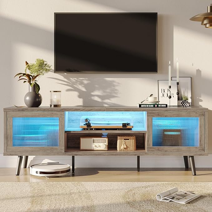 TV Stand for 75 Inch TV, 63” LED Entertainment Center with Sliding Acylic Doors