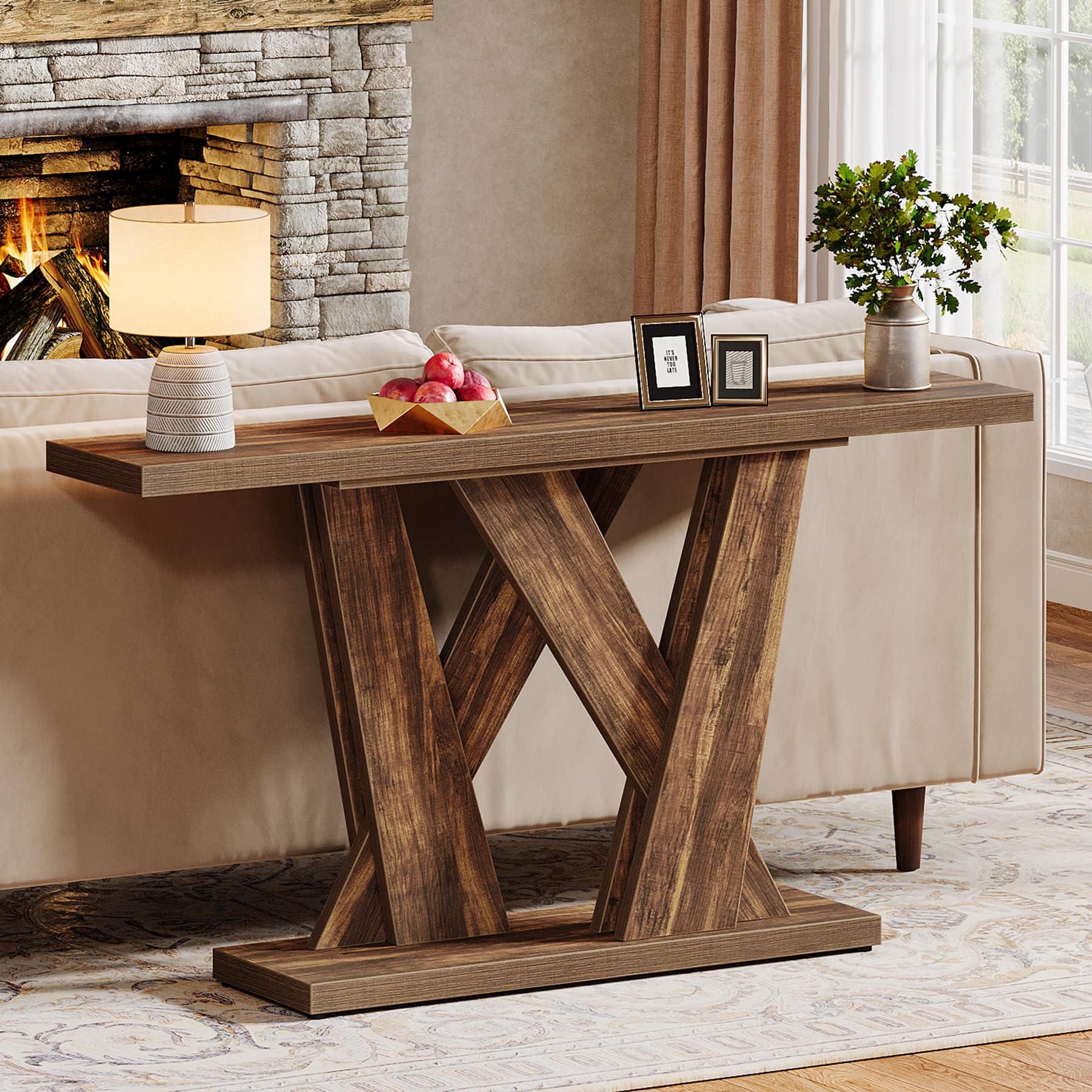 55-Inch Farmhouse Console Table with Geometric Base - Rustic Brown