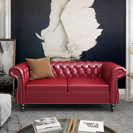 Modern Tufted Couch 3 Seater with Rolled Arms and Nailhead