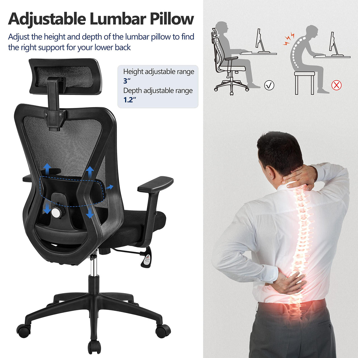 Office Desk Chair, Ergonomic Computer Desk Chair with Adjustable Headrest Armrests