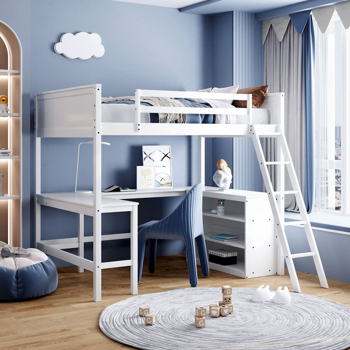 Full Size Loft Bed with Shelves and Desk, Wooden Loftbed Frame with w/Ladder for Kids