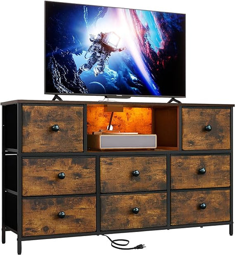 Black Dresser with Power Outlets and LED Lights, Dresser TV Stand