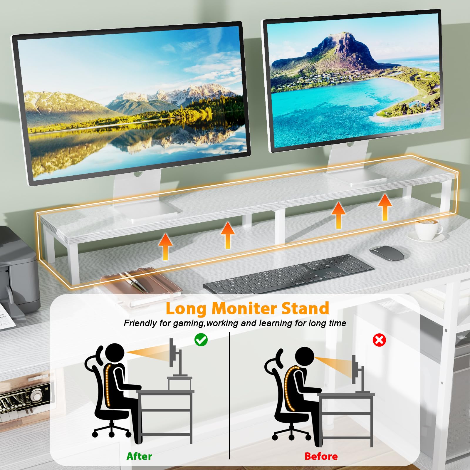 61" Computer Desk with Fabric File Cabinet & Drawer, Reversible White Desk