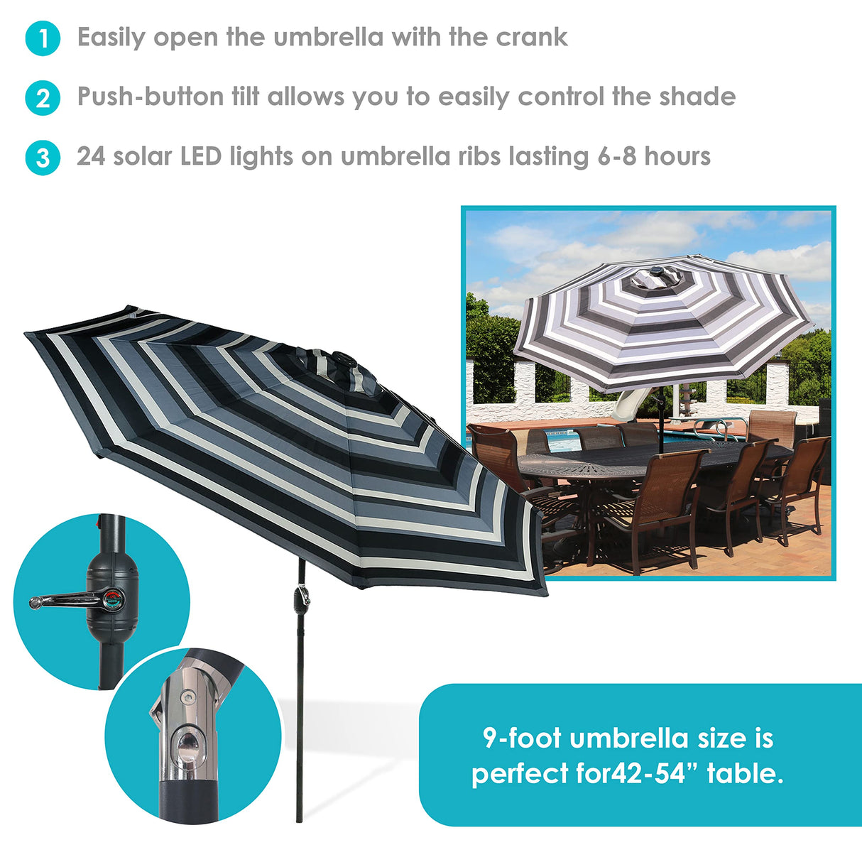 9 Foot Outdoor Patio Umbrella with Solar Lights & Tilt/Crank