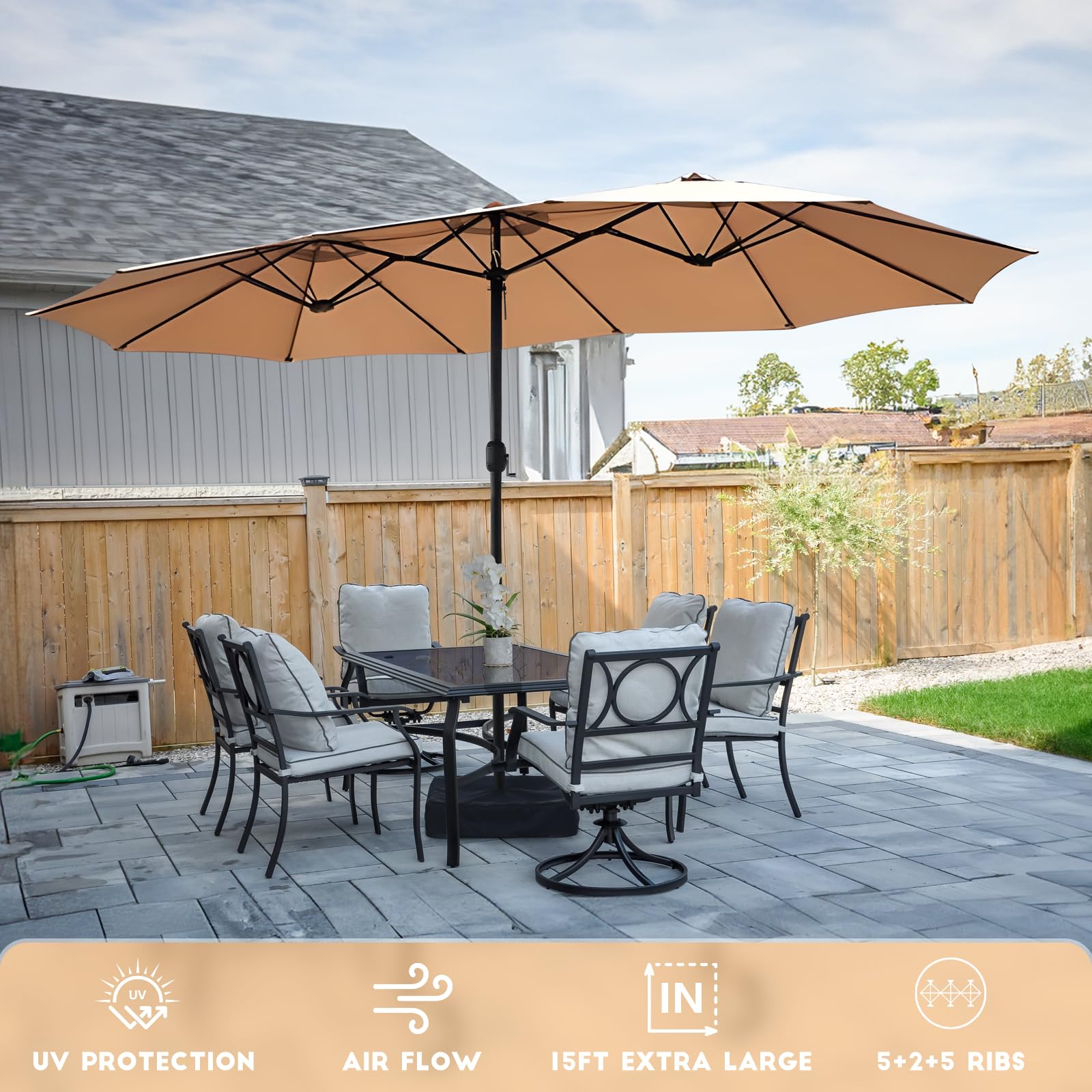 15ft Large Patio Umbrella, Outdoor Double-Sided Market Umbrella with Crank Handle,