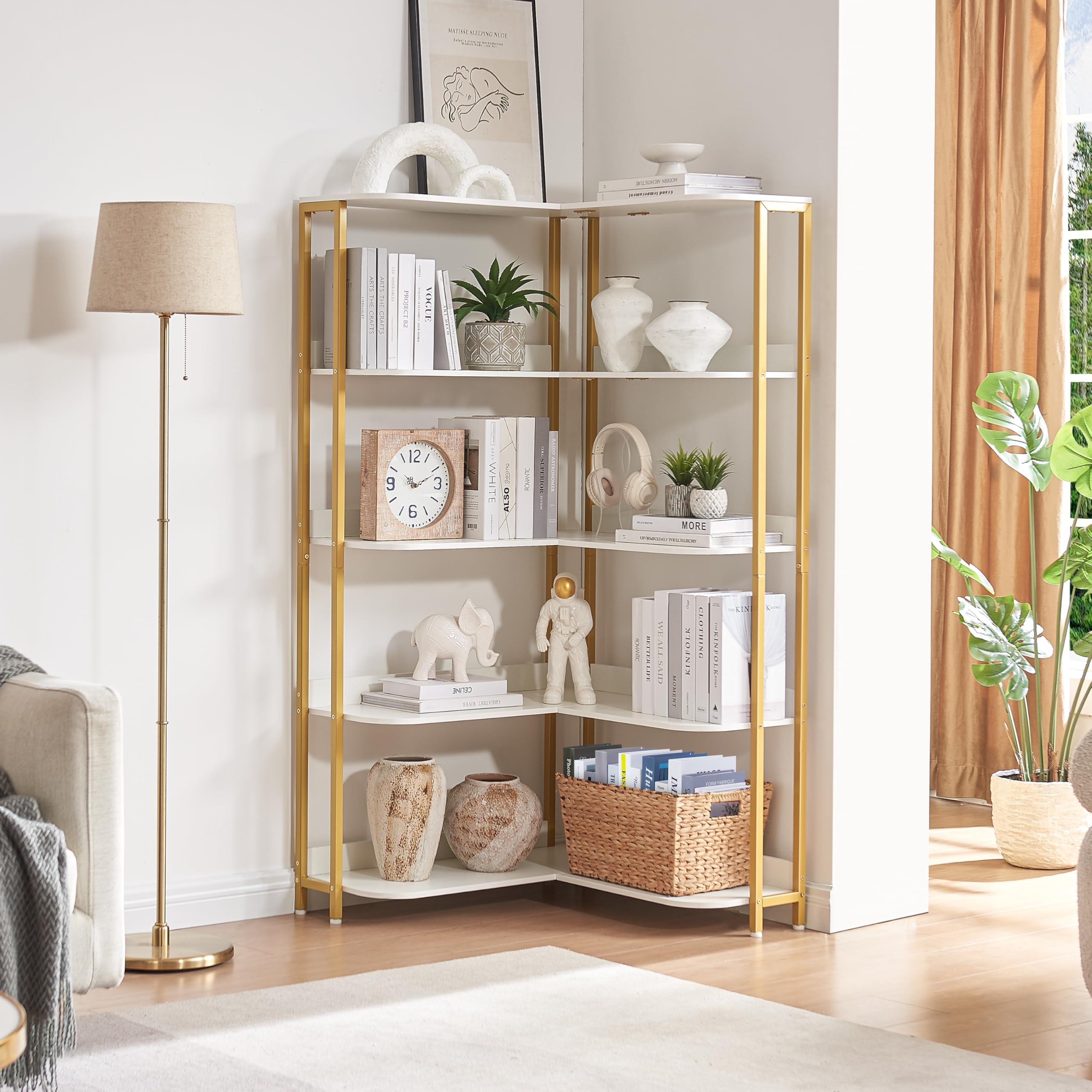 White L-Shaped Bookshelf, Modern Corner Bookshelf 5-Shelf Corner Bookcase
