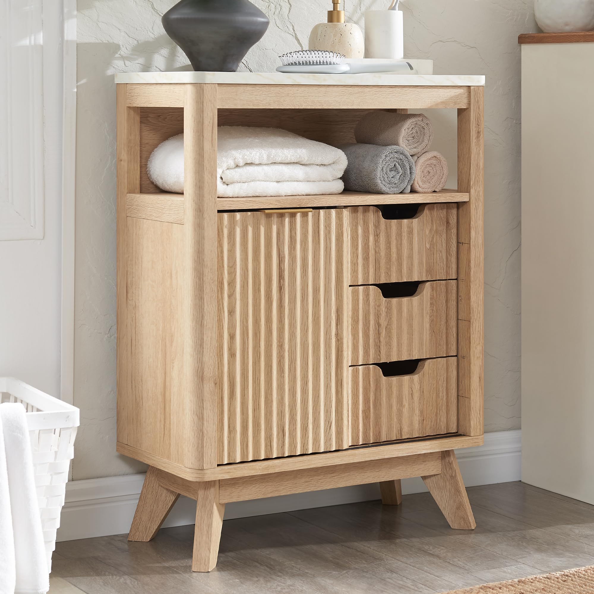 Bathroom Floor Cabinet with Sliding Door, Modern Fluted 3 Drawers Storage Organizer