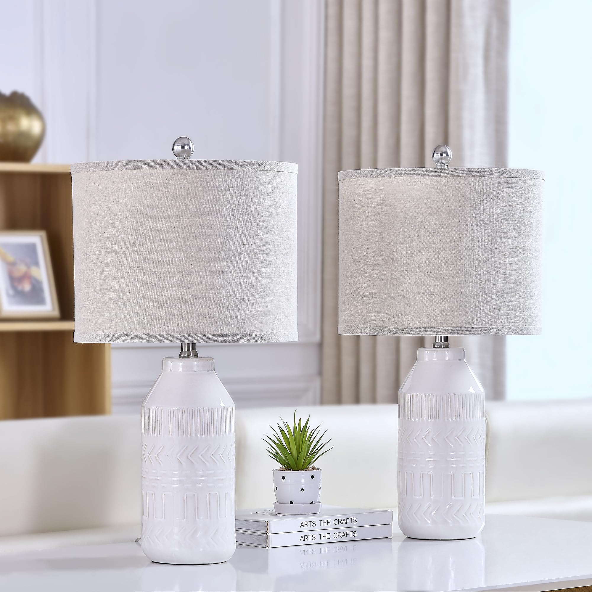 24" Set of 2 White Table Lamp for Living Room, 3 Way Dimmable Ceramic Bedside Lamp